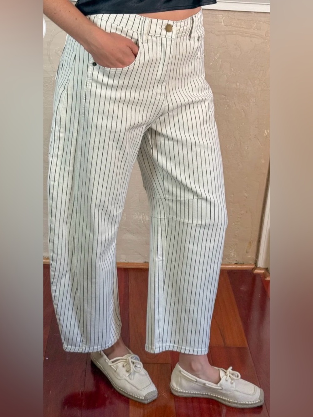Pinstriped Barrel Jeans